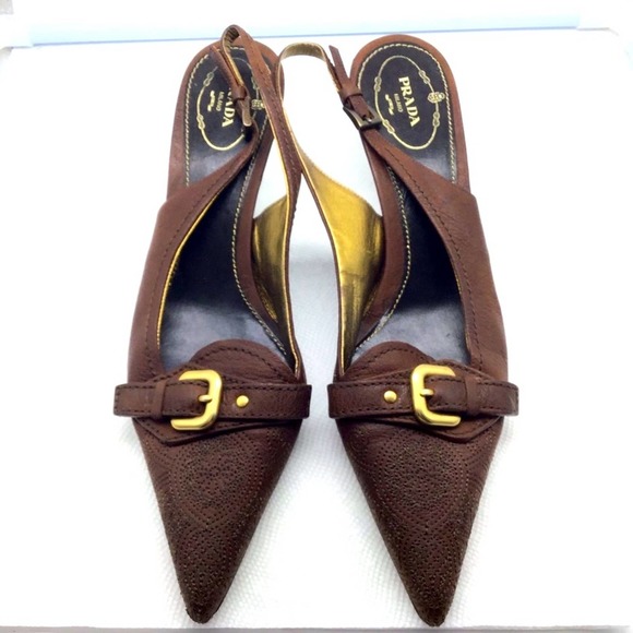 Prada Shoes - PRADA brown leather low heel strap pumps women’s size 39.5